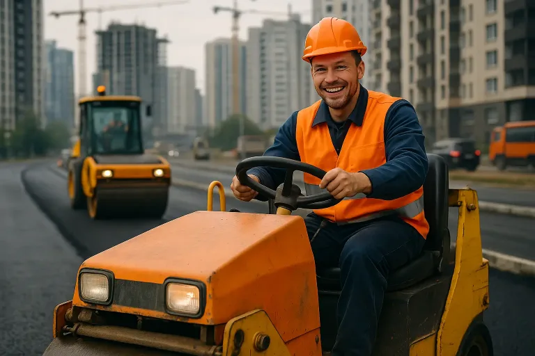 водитель катка уплотняет асфальт