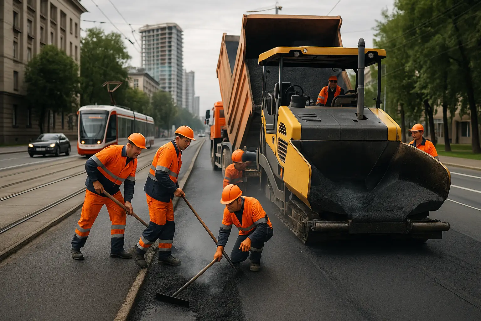асфальтирование возле трамвайных путей